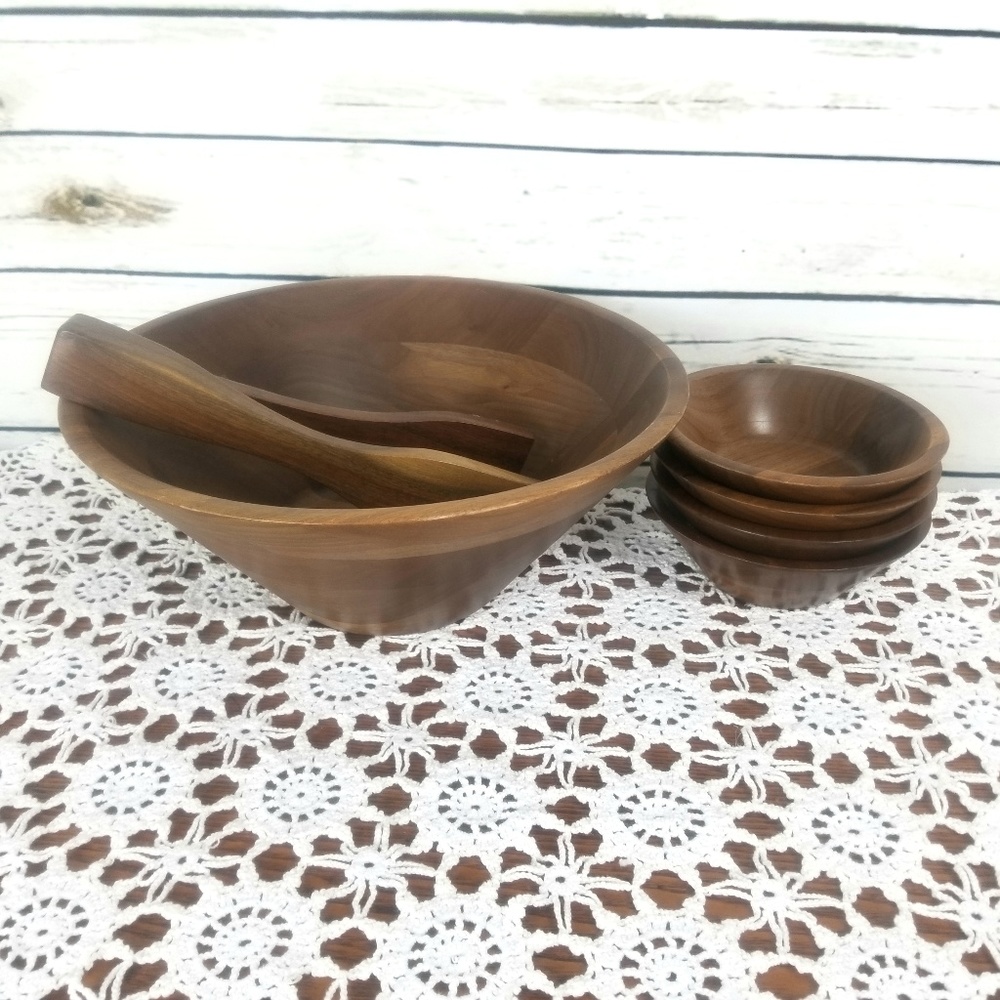 Wood Bowls Set 5 Tongs Salad Bowl